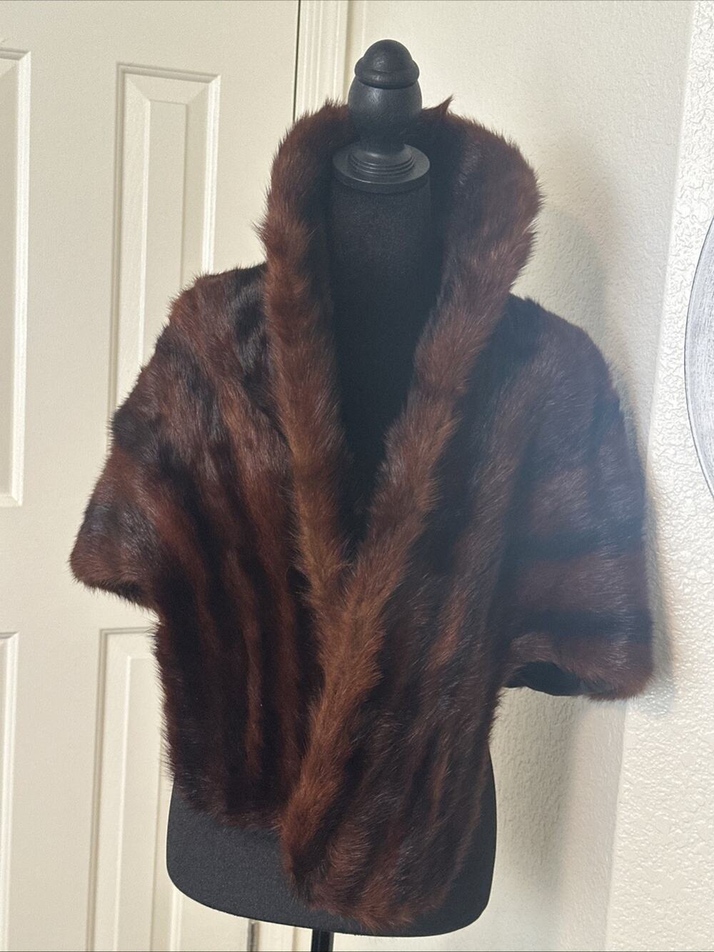 VTG Real Mahogany Mink Fur Collar Bolero 60s Dark Brown Shawl Stole Cape Pocket